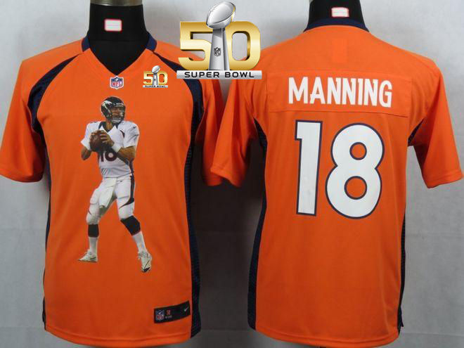 Kid Nike Broncos 18 Peyton Manning Orange Team Color Super Bowl 50 Portrait Fashion NFL Game Jersey