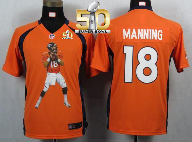 Kid Nike Broncos 18 Peyton Manning Orange Team Color Super Bowl 50 Portrait Fashion NFL Game Jerseys