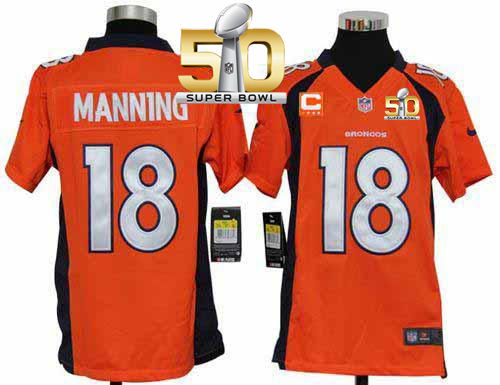 Kid Nike Broncos 18 Peyton Manning Orange Team Color With C Patch Super Bowl 50 NFL Jersey