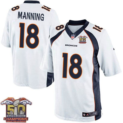 Kid Nike Broncos 18 Peyton Manning White NFL Road Super Bowl 50 Champions Jersey