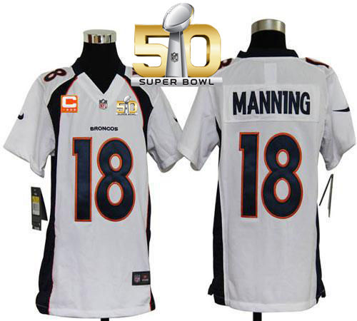 Kid Nike Broncos 18 Peyton Manning White With C Patch Super Bowl 50 NFL Jersey