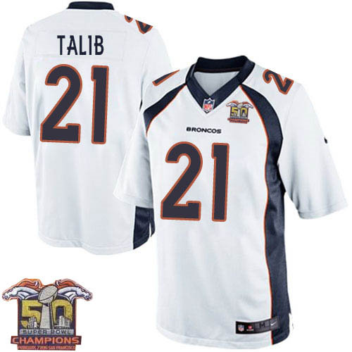 Kid Nike Broncos 21 Aqib Talib White NFL Road Super Bowl 50 Champions Jersey