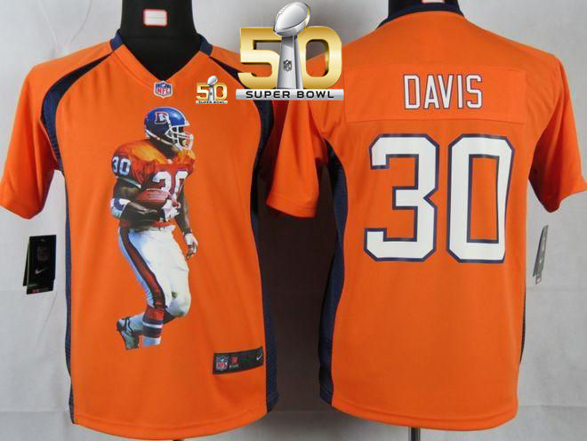 Kid Nike Broncos 30 Terrell Davis Orange Team Color Super Bowl 50 Portrait Fashion NFL Game Jersey