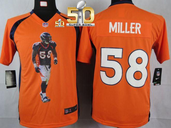 Kid Nike Broncos 58 Von Miller Orange Team Color Super Bowl 50 Portrait Fashion NFL Game Jersey