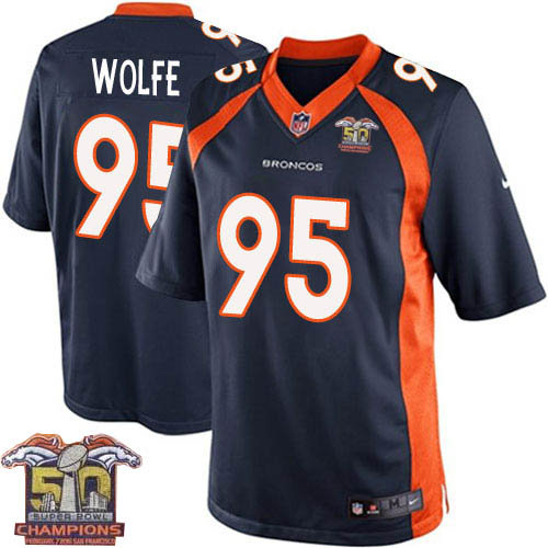 Kid Nike Broncos 95 Derek Wolfe Navy Blue NFL Alternate Super Bowl 50 Champions Jersey