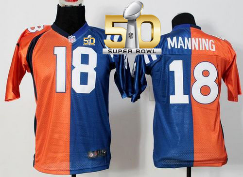 Kid Nike Denver Broncos 18 Peyton Manning Orange Blue Super Bowl 50 NFL Fadeaway Fashion Jerseys