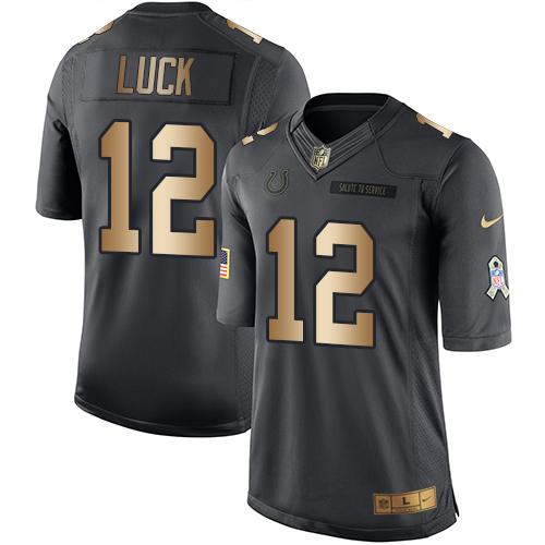 Kid Nike Indianapolis Colts 12 Andrew Luck Black NFL Limited Gold Salute to Service Jersey