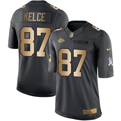 Kid Nike Kansas City Chiefs 87 Travis Kelce Black NFL Limited Gold Salute to Service Jersey
