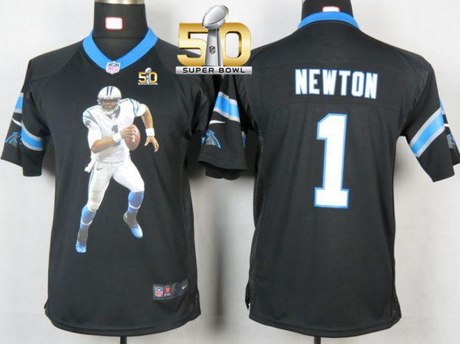 Kid Nike Panthers 1 Cam Newton Black Team Color Super Bowl 50 Portrait Fashion NFL Game Jersey