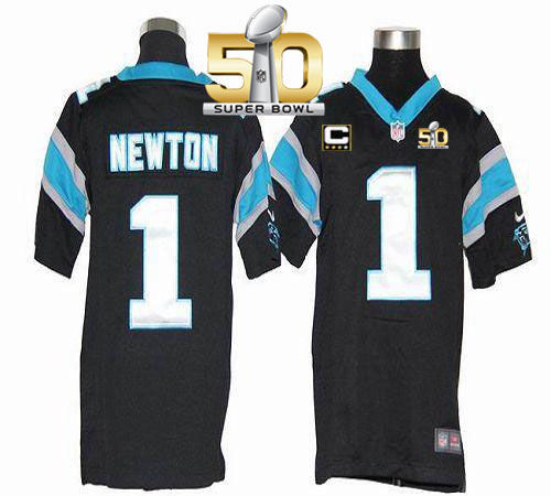 Kid Nike Panthers 1 Cam Newton Black Team Color With C Patch Super Bowl 50 NFL Jersey