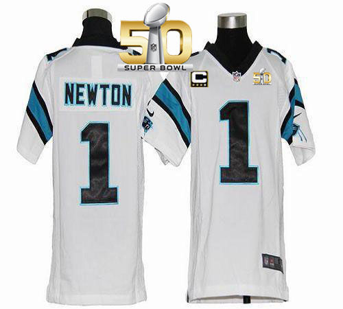 Kid Nike Panthers 1 Cam Newton White With C Patch Super Bowl 50 NFL Jersey