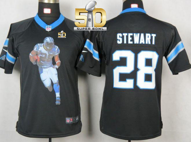 Kid Nike Panthers 28 Jonathan Stewart Black Team Color Super Bowl 50 Portrait Fashion NFL Game Jersey