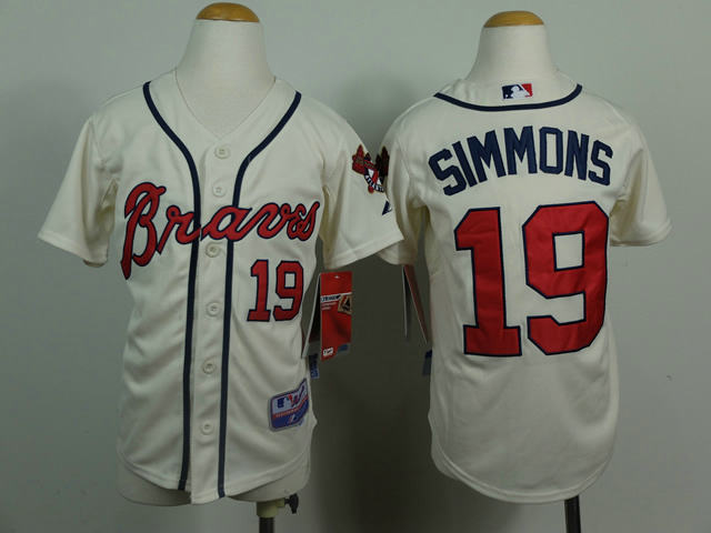 Kids Atlanta Braves 19 SIMMONS cream baseball Jersey