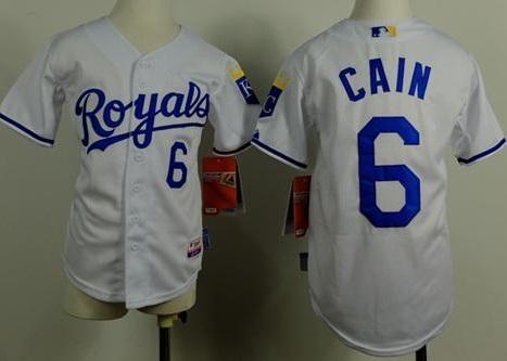 Kids Kansas City Royals 6 Lorenzo Cain White Cool Base Baseball Jersey