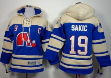 Kids Quebec Nordiques 19 Joe Sakic Blue Stitched NHL Sawyer Hooded Sweatshirt Jersey