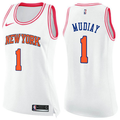 Knicks #1 Emmanuel Mudiay White Pink Women's Basketball Swingman Fashion Jersey