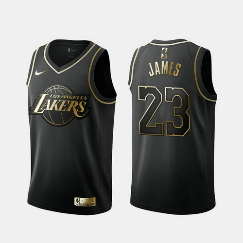 Lakers 23 Lebron James Black Gold Nike Swingman Jersey1
