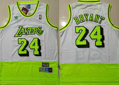 Lakers Bape 24 Kobe Bryant White Fluorescent Green Split Hardwood Classics Jersey