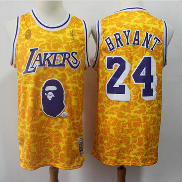 Lakers Bape 24 Kobe Bryant Yellow Hardwood Classics Jersey