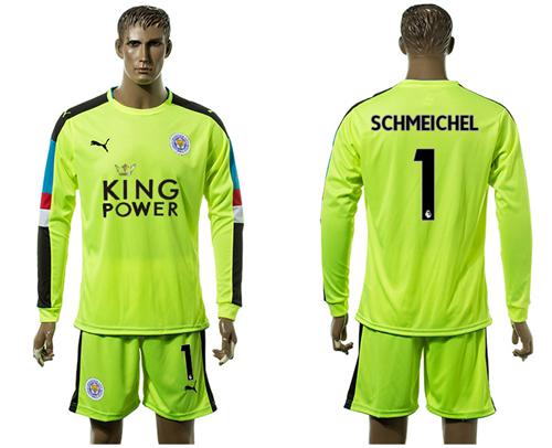 Leicester City #1 Schmeichel Shiny Green Goalkeeper Long Sleeves Soccer Club Jersey
