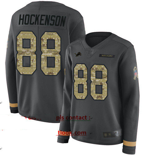 Lions #88 T.J. Hockenson Anthracite Salute to Service Women's Stitched Football Limited Therma Long Sleeve Jersey