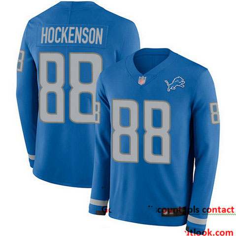 Lions #88 T.J. Hockenson Blue Team Color Youth Stitched Football Limited Therma Long Sleeve Jersey