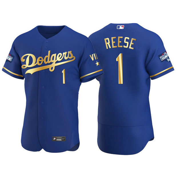 Los Angeles Dodgers #1 Pee Wee Reese Men's Nike Authentic 2021 Gold Program World Series Champions MLB Jersey Royal