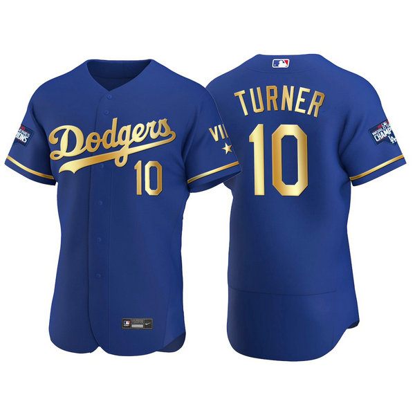 Los Angeles Dodgers #10 Justin Turner Men's Nike Authentic 2021 Gold Program World Series Champions MLB Jersey Royal