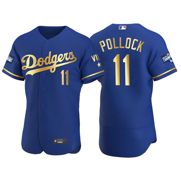 Los Angeles Dodgers #11 A.J. Pollock Men's Nike Authentic 2021 Gold Program World Series Champions MLB Jersey Royal
