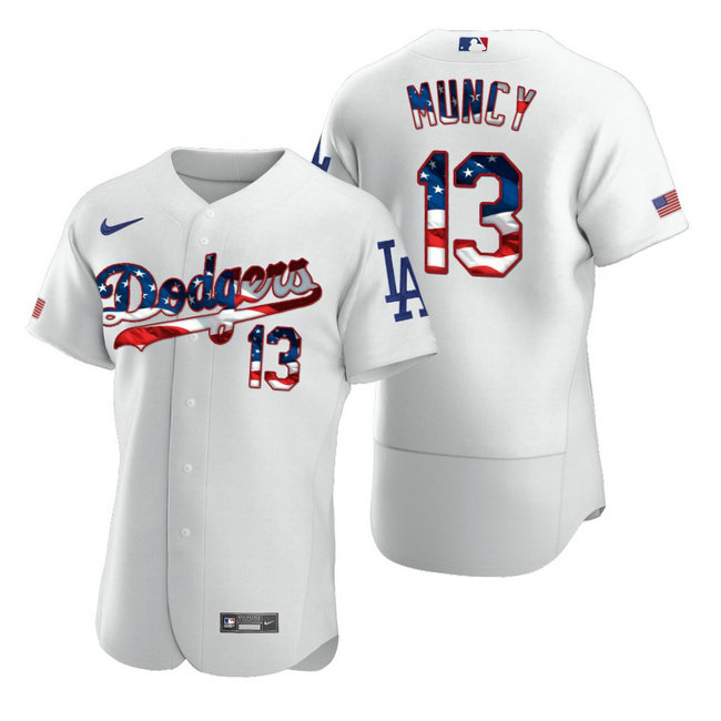 Los Angeles Dodgers #13 Max Muncy Men's Nike White Fluttering USA Flag Limited Edition Authentic MLB Jersey