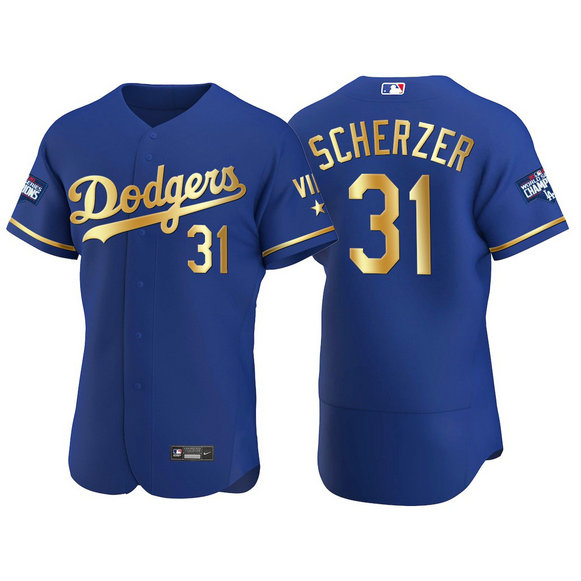 Los Angeles Dodgers #31 Max Scherzer Men's Nike Authentic 2021 Gold Program World Series Champions MLB Jersey Royal