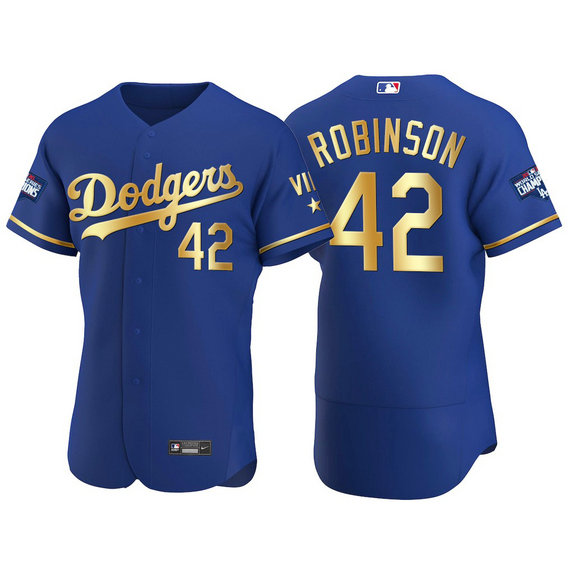Los Angeles Dodgers #42 Jackie Robinson Men's Nike Authentic 2021 Gold Program World Series Champions MLB Jersey Royal