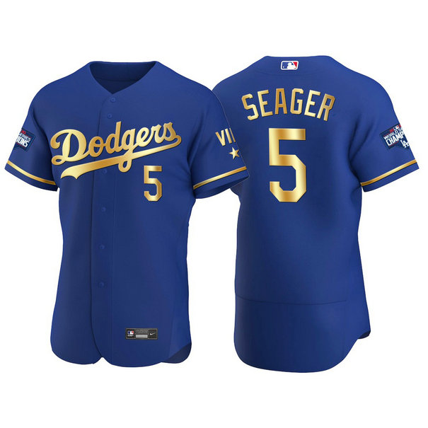 Los Angeles Dodgers #5 Corey Seager Men's Nike Authentic 2021 Gold Program World Series Champions MLB Jersey Royal