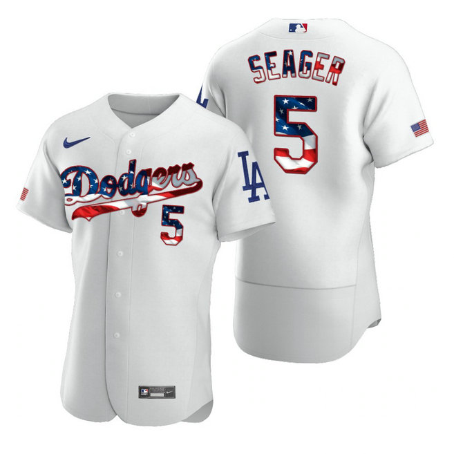 Los Angeles Dodgers #5 Corey Seager Men's Nike White Fluttering USA Flag Limited Edition Authentic MLB Jersey