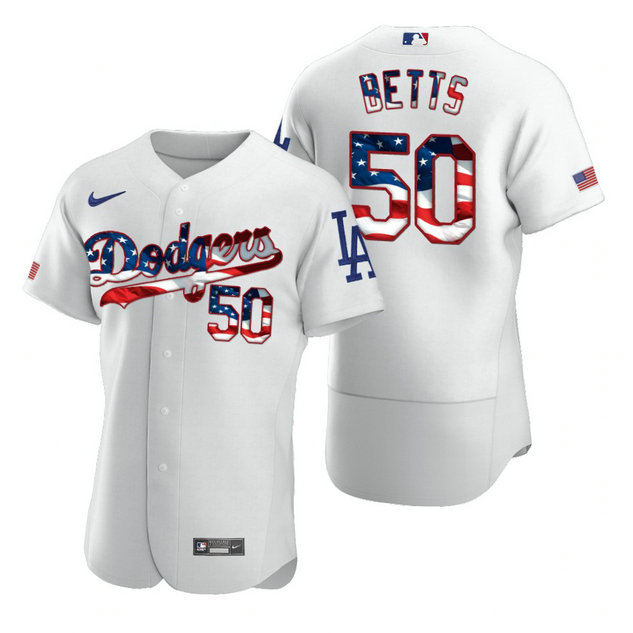 Los Angeles Dodgers #50 Mookie Betts Men's Nike White Fluttering USA Flag Limited Edition Authentic MLB Jersey