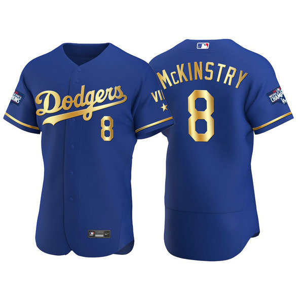 Los Angeles Dodgers #8 Zach McKinstry Men's Nike Authentic 2021 Gold Program World Series Champions MLB Jersey Royal