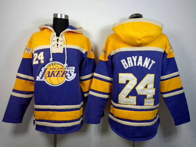 Los Angeles Lakers 24 Kobe Bryant purple and yellow Sawyer Hooded Sweatshirt Jersey