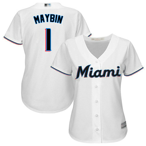 Marlins #1 Cameron Maybin White Home Women's Stitched Baseball Jersey