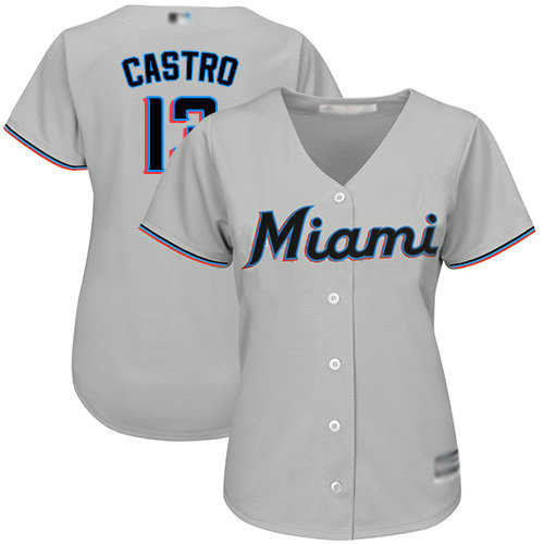 Marlins #13 Starlin Castro Grey Road Women's Stitched Baseball Jersey