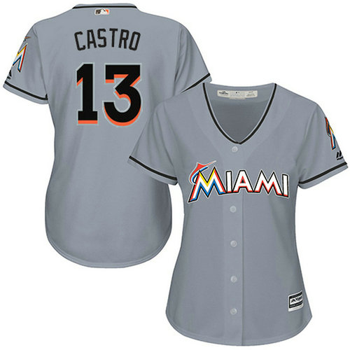 Marlins #13 Starlin Castro Grey Road Women's Stitched MLB Jersey_1
