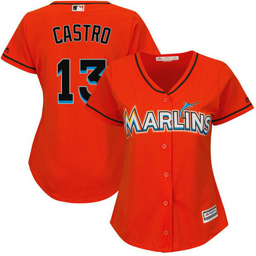 Marlins #13 Starlin Castro Orange Alternate Women's Stitched MLB Jersey_1