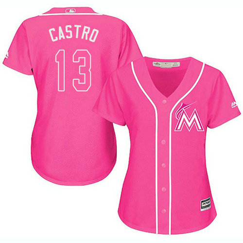 Marlins #13 Starlin Castro Pink Fashion Women's Stitched MLB Jersey_1