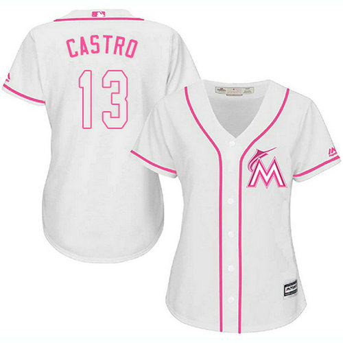 Marlins #13 Starlin Castro White Pink Fashion Women's Stitched MLB Jersey_1