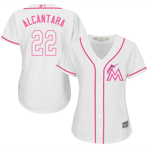 Marlins #22 Sandy Alcantara White Pink Fashion Women's Stitched Baseball Jersey