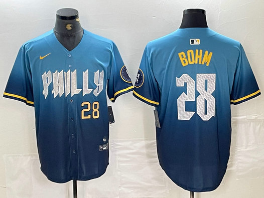Men's  Philadelphia Phillies #28 Alec Bohm Blue 2024 City Connect Limited Stitched Baseball Jersey 1