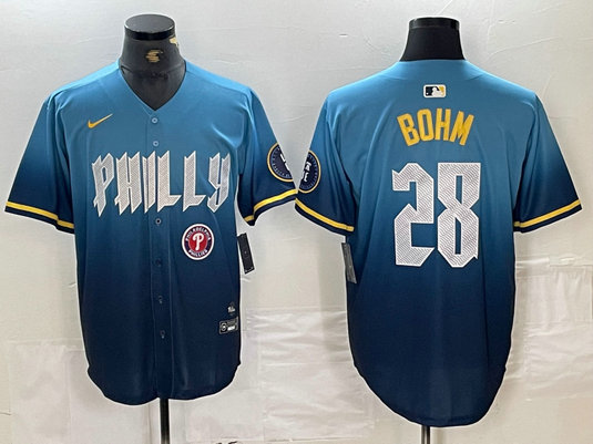 Men's  Philadelphia Phillies #28 Alec Bohm Blue 2024 City Connect Limited Stitched Baseball Jersey 2