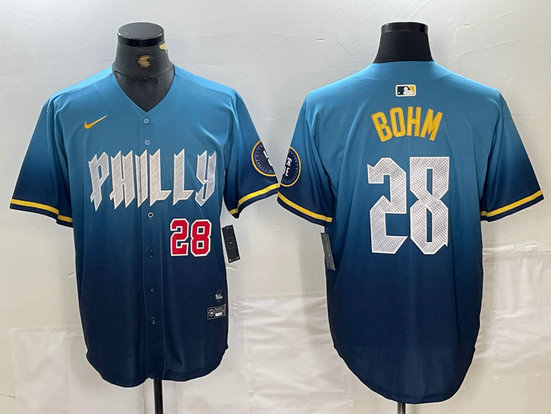 Men's  Philadelphia Phillies #28 Alec Bohm Blue 2024 City Connect Limited Stitched Baseball Jersey 4