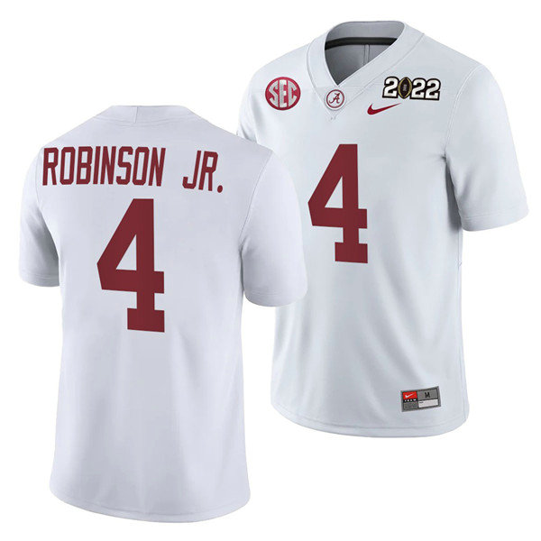 Men's Alabama Crimson Tide #4 Brian Robinson Jr. 2022 Patch White College Football Stitched Jersey