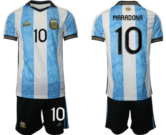 Men's Argentina #10 Diego Maradona White Blue Home Soccer Jersey Suit