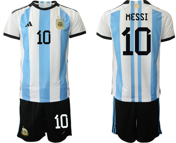 Men's Argentina #10 Messi White Blue 2022 FIFA World Cup Home Soccer Jersey Suit